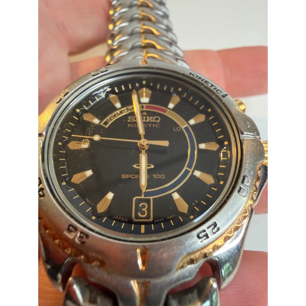Vintage Seiko Kinetic Sports 100 Watch 5M42 Black Gold Alien Spine Bracelet